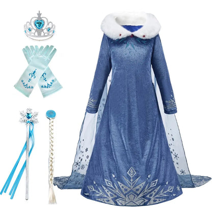 Girls Ice Princess Costume Dress with Long Sleeves, Fluffy Collar and Snowflake Cape, Blue Snow Queen Outfit for Birthdays and Halloween