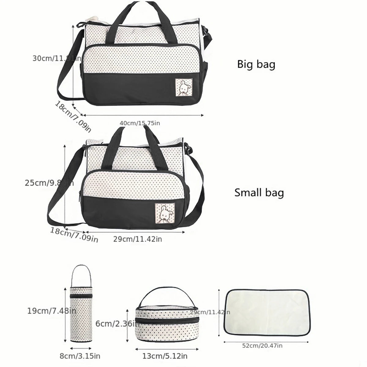 Diaper Bag Set 5 Piece with Polka Dot Design, Large Mommy Tote and Coordinating Storage Bags for Baby Essentials, Daily Outings and Travel