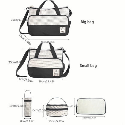 Diaper Bag Set 5 Piece with Polka Dot Design, Large Mommy Tote and Coordinating Storage Bags for Baby Essentials, Daily Outings and Travel