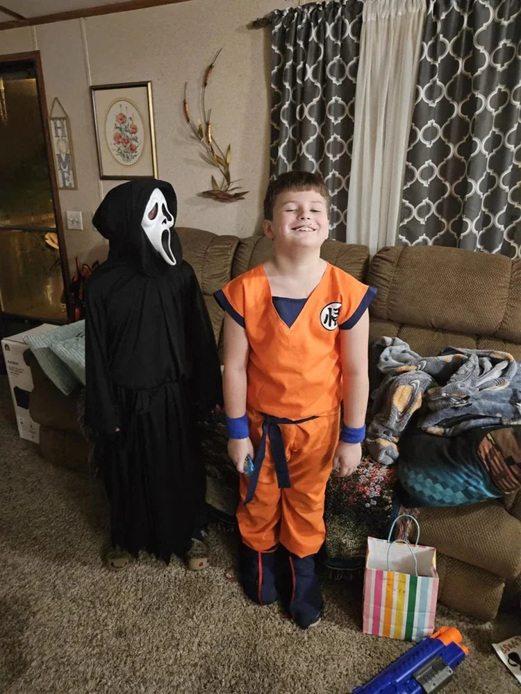 Orange Anime Gi Costume for Kids and Adults, Goku-Inspired Polyester Top and Pants with 5, 6 or 7-Piece Accessory Options for Halloween and Cosplay