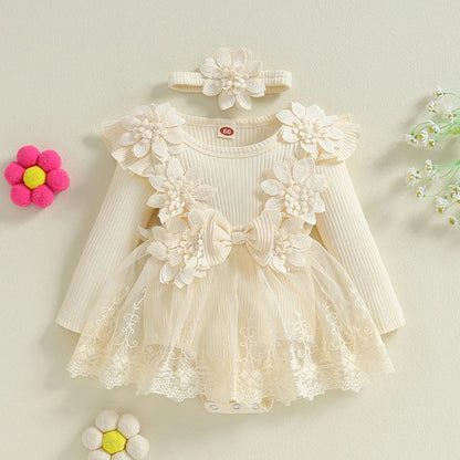 Baby Girl Romper Dress and Headband Set with 3D Flowers, Bow and Mesh Skirt, Long Sleeve Ribbed Cotton-Blend Outfit in Five Colors, 3M-18M