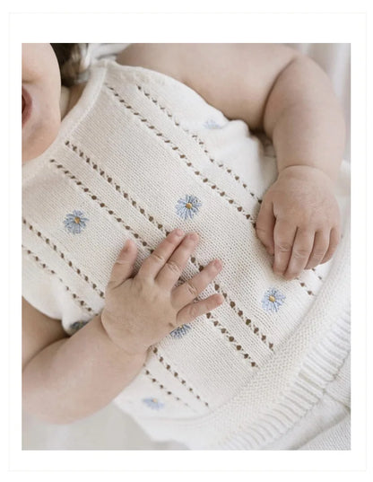 Sleeveless Baby Girl Bodysuit with Floral Cotton Knit and Tie Shoulders, White Openwork Summer One-Piece Outfit for Family Photos, 0-24M