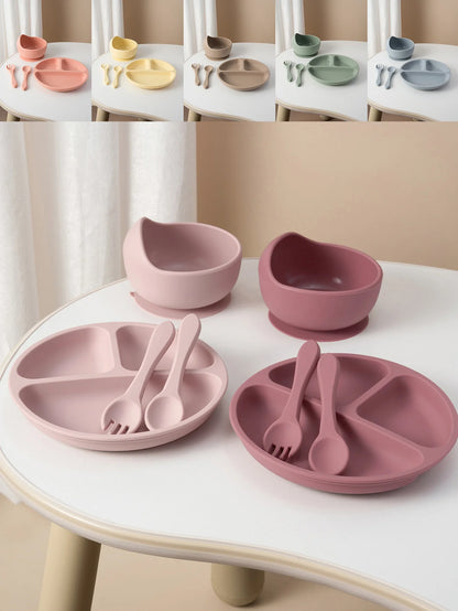 Four-Piece Silicone Baby Feeding Set with Three-Section Suction Plate, Bowl, Spoon and Fork for Supervised Toddler Meals in Ten Color Options
