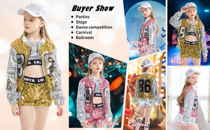Girls Sequin Hip Hop Dance Costume Set with Metallic Trim Jacket, Crop Top, Shorts and Striped Socks for Jazz Recitals and Stage Performances