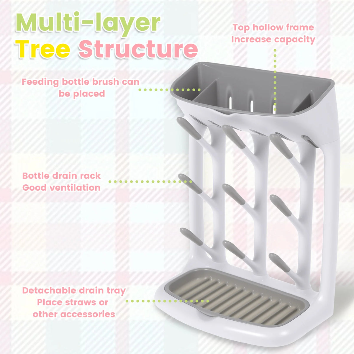 Angled-Holder Baby Bottle Drying Rack with Top Accessory Storage and Detachable Drain Tray, ABS and PP Countertop Feeding Organizer
