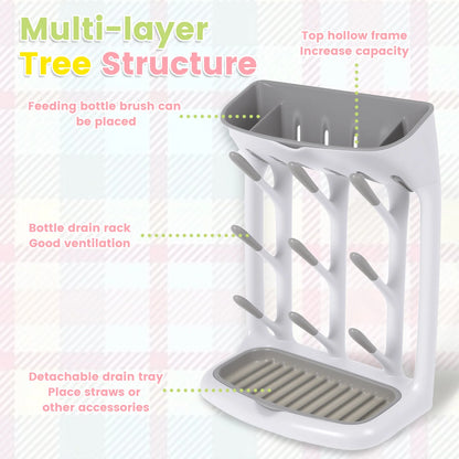 Angled-Holder Baby Bottle Drying Rack with Top Accessory Storage and Detachable Drain Tray, ABS and PP Countertop Feeding Organizer