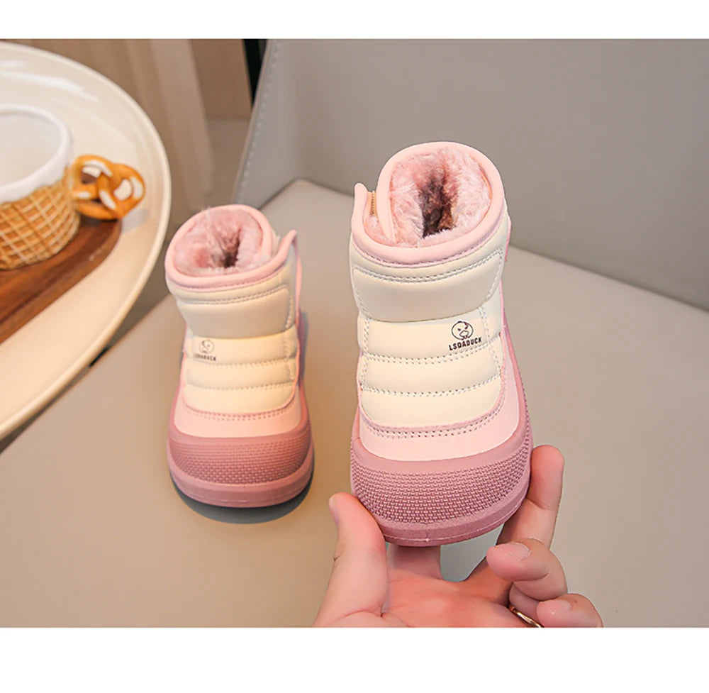 Kids Padded Snow Boots with Plush Lining, Wraparound Ankle Flaps and Chunky Soles, Boys and Girls Winter Shoes in Pink, Black or Brown