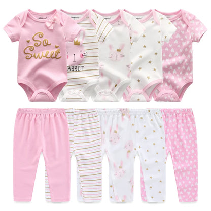 Baby Bodysuit and Pants Set, 10-Piece Kiddiezoom Infant Clothing Bundle with Short-Sleeve Tops for Boys and Girls, Sizes 3M-12M