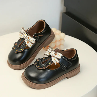 Girls Floral Bow T-Strap Shoes with Scalloped Flower Details and Round Toe, Black or Beige Dress Flats for School Outfits, Parties and Photos