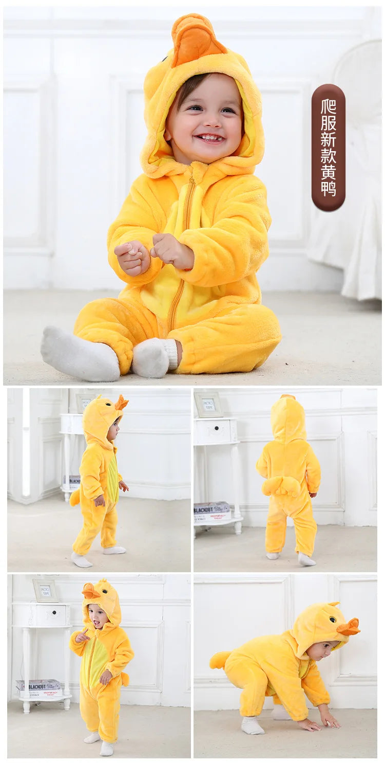 Baby Animal Hooded Costume Jumpsuit with Flannel Styling, Duck, Rabbit, Leopard and More Dress-Up Options for Boys and Girls, Sizes 70-120
