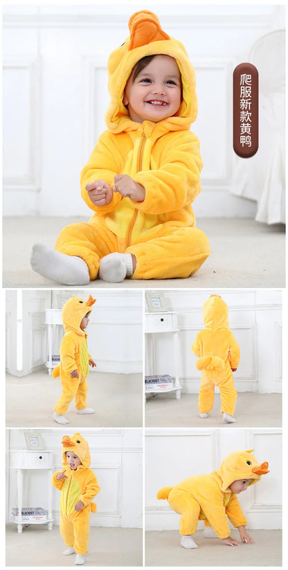 Baby Animal Hooded Costume Jumpsuit with Flannel Styling, Duck, Rabbit, Leopard and More Dress-Up Options for Boys and Girls, Sizes 70-120