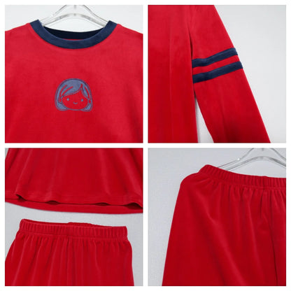 Kids Velour Pajamas with Printed Face Motifs, Red and Navy Long Sleeve Lounge Sets with Baby Footie and Teen Dress Options for Coordinated Outfits