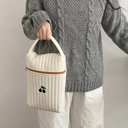 Quilted Diaper Bag with Bear Applique, Beige Cotton Zippered Baby Essentials Organizer with Carry Handle for Moms and Everyday Outings