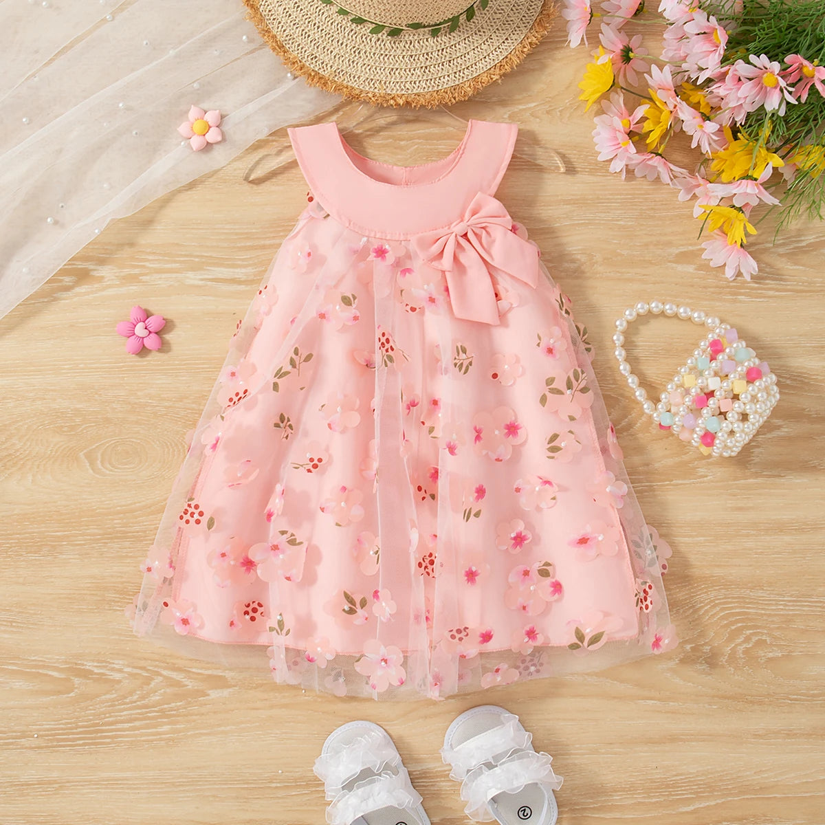 Baby Girl Floral Mesh Dress with Bow, Sleeveless Party Dress in Infant and Toddler Sizes for Birthdays, Family Photos and Summer Celebrations