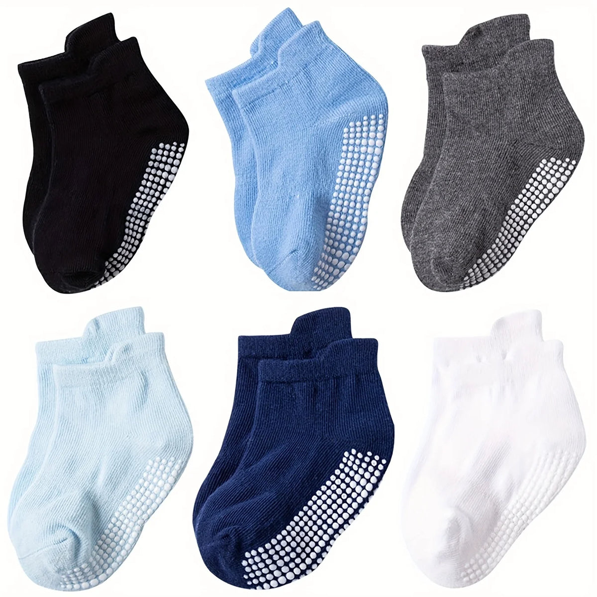 Toddler Grip Socks 6-Pair Set for Babies and Kids, Breathable Polyester Non-Slip Floor Socks in Solid and Striped Styles for Everyday Wear