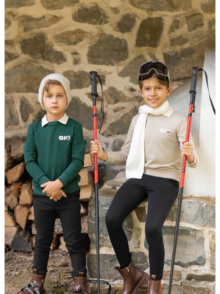 Kids Ski Graphic Cotton Outfits in Ecru, Hunter Green and Acid Wash Grey, Coordinating Sweatshirts, Dresses and Baby Sets for Sibling Matching Looks