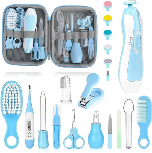 Infant Grooming and Healthcare Set with Electric Nail Trimmer, Digital Thermometer, Hair Brush, Comb and Zippered Case in Blue or Pink