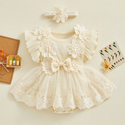 Flower Applique Baby Girl Romper Dress with Headband, Lace Mesh Skirt and Waist Bow, Cotton Blend Summer Occasion Outfit for 0-18 Months
