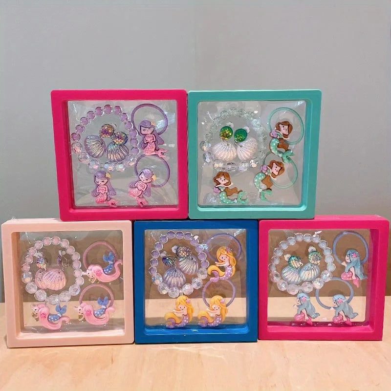 Mermaid Jewelry Set for Girls, 6-Piece Shell Bracelet, Ear Cuffs and Hair Accessories in a Gift Box for Princess Dress-Up, Birthdays and Christmas