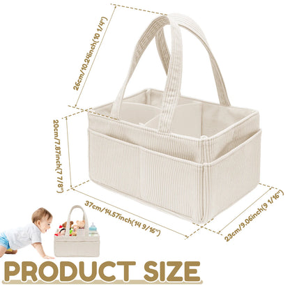 Portable Diaper Caddy Basket in Beige Corduroy with Dividers, Multiple Pockets and Carry Handles for Nursery Organization and Baby Changing Supplies