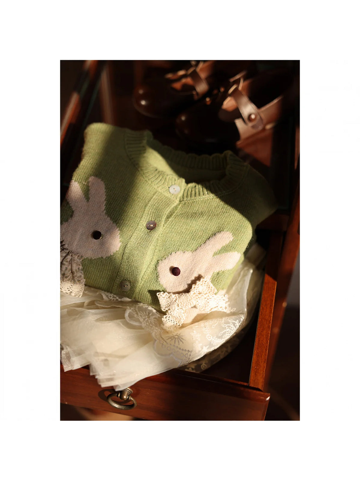 Girls Bunny Jacquard Cardigan, Green Button-Front Knit Sweater with Long Sleeves and Ribbed Cuffs and Hem for Spring Outings and Fall Layering