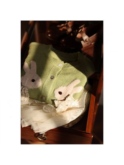 Girls Bunny Jacquard Cardigan, Green Button-Front Knit Sweater with Long Sleeves and Ribbed Cuffs and Hem for Spring Outings and Fall Layering