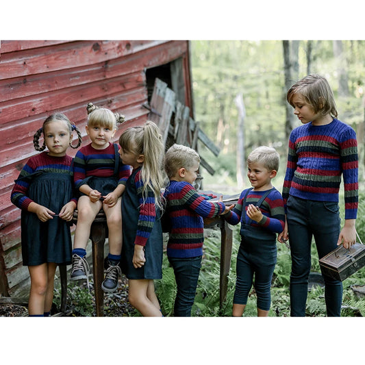 Striped Cable Knit Sibling Outfits with Dark Denim Jumper Dresses, Skirts and Pants, Coordinating Boys Girls Sweaters and Baby Romper Options