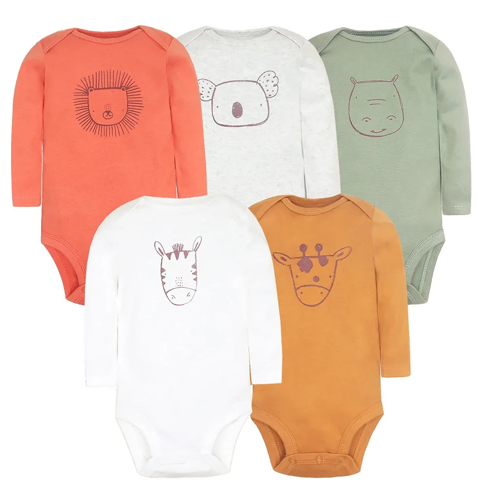 Baby Long Sleeve Bodysuits 5-Pack in Cotton, Everyday One-Piece Clothing Set for Infant Boys and Girls in 6 to 24 Month Sizes