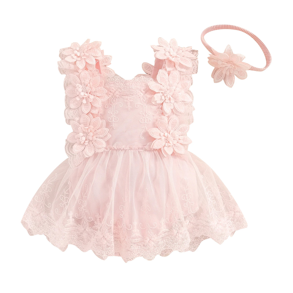 Floral Lace Baby Romper Dress with Matching Headband, Raised Flower Bodice and Sleeveless Square Neck for Parties and Milestone Photos, 0-18 Months