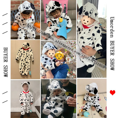 Baby Dalmatian Costume with Puppy Hood, Flannel Animal Jumpsuit for Infants and Toddlers, Halloween Dress-Up and Photo Outfits