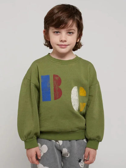 Kids Crewneck Sweatshirt with Animal, Flower and Letter Graphic Options, Long Sleeve Unisex Pullover for Boys and Girls Everyday Seasonal Layering