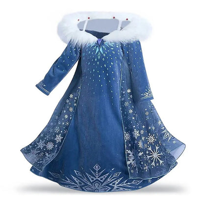 Girls Ice Princess Costume Dress with Long Sleeves, Fluffy Collar and Snowflake Cape, Blue Snow Queen Outfit for Birthdays and Halloween