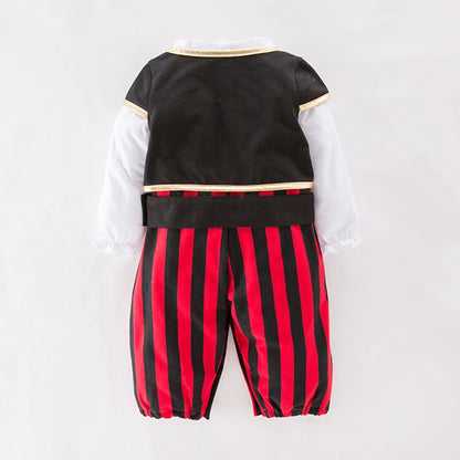Infant Pirate Romper Costume Set with Vest, Head Scarf and Belt, Cotton Blend Red Stripe Outfit for Baby and Toddler Halloween Parties
