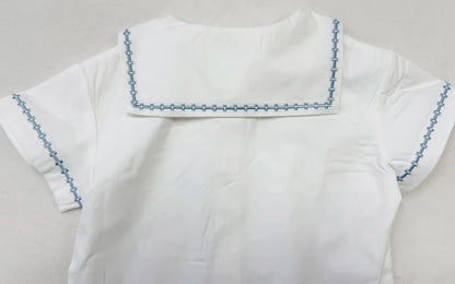 Matching Sibling Clothes with Classic Blue Trim, Shirts, Shorts, Overalls, Dresses and Cardigan Options for Baby Boys, Girls and Kids