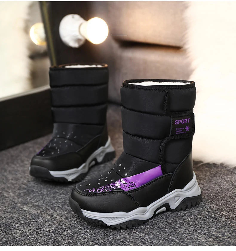 Kids Plush-Lined Winter Boots with Padded Shafts and Front Flap Closures, Pink or Purple Snow-Style Footwear for Boys and Girls