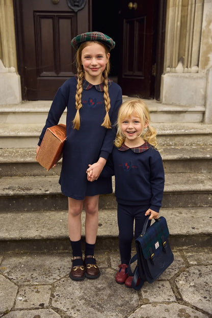 Kids Matching Varsity Outfits, Navy Embroidered Tops, Denim Skirts and Dresses for Babies, Boys and Girls, Sibling Photos and Fall Layering
