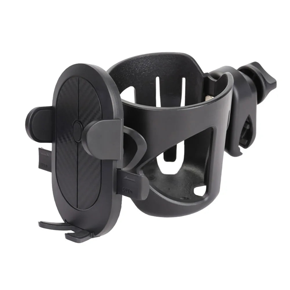Stroller Drink and Phone Holder with Handlebar Clamp, Black Cup and Bottle Organizer with Separate Phone Cradle for Parent Walks and Family Outings