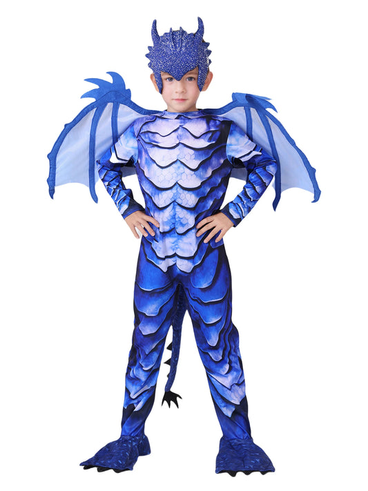 Dragon Knight Costume for Kids in Blue and Black, Scale Print Jumpsuit with Shaped Wings, Cotton-Padded Tail and Mask for Halloween Parties