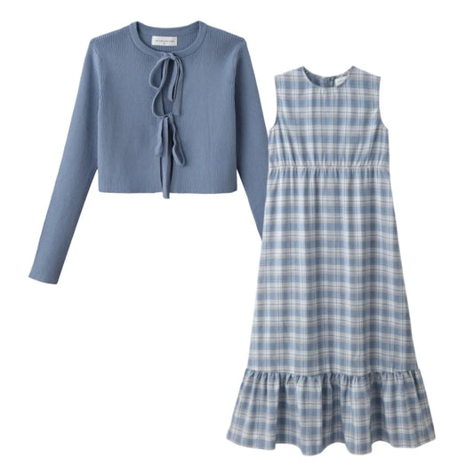 Blue Plaid Girls Maxi Dress and Tie-Front Knit Cardigan Options, Sleeveless Ruffle-Hem Dress or Cropped Long-Sleeve Layer for Teens