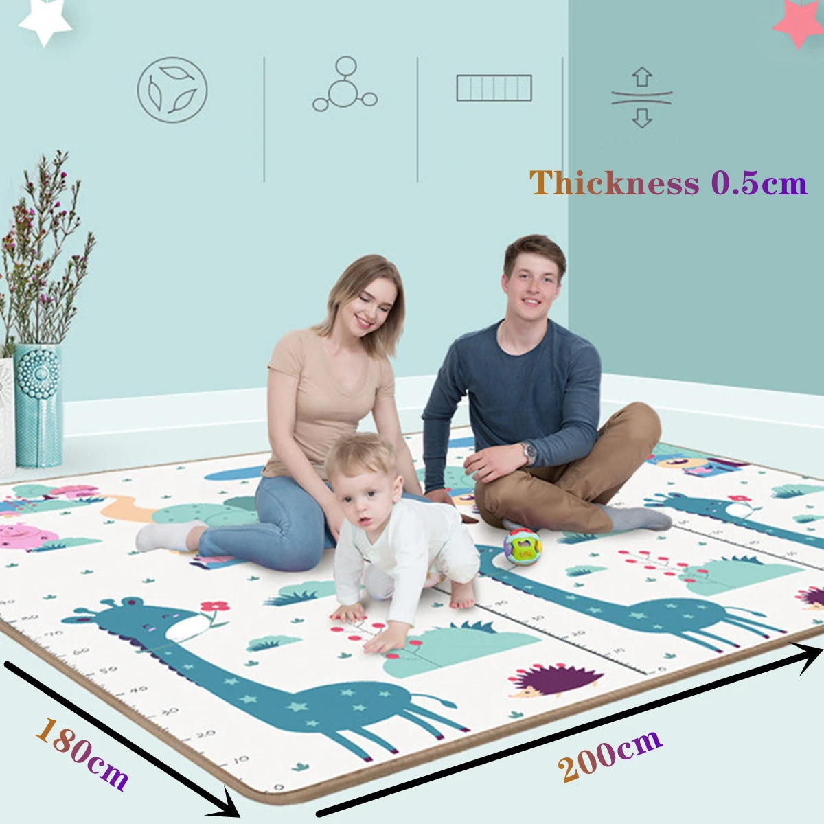 Oversized Baby Floor Play Mat 200 x 180 cm, Double-Sided Animal Print EVA Foam Crawling Rug with 4-5 mm Padding for Supervised Family Activities