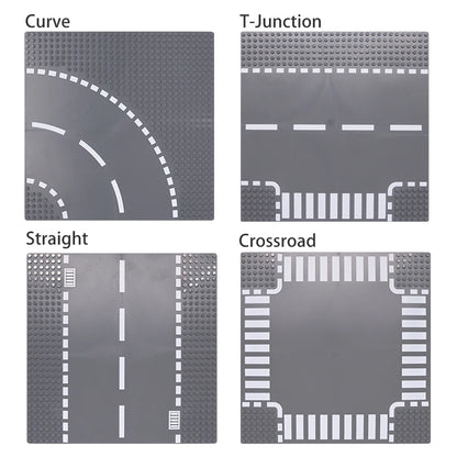 City Road Building Block Base Plates, 25.5 x 25.5 cm Single-Sided Street Panels for Brick Town Layouts, Traffic Scenes and Creative Construction Play