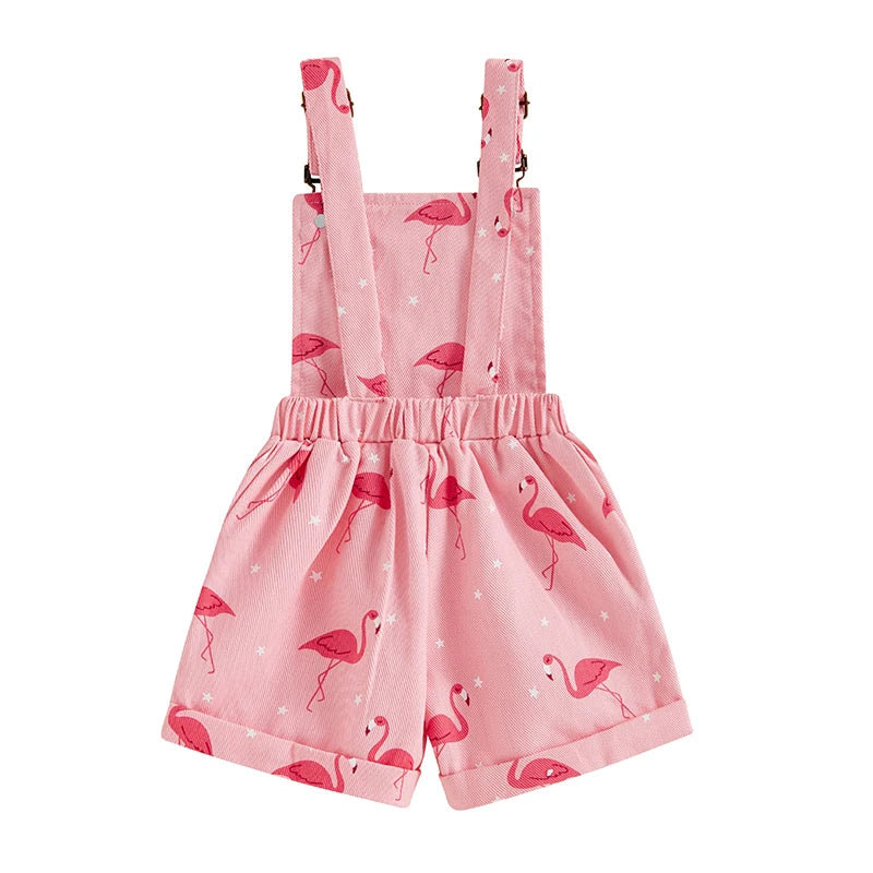 Girls Flamingo Denim Short Overalls in Pink with Adjustable Straps, Bib Pocket and Rolled Hems for Summer Outings, Birthdays and Photos