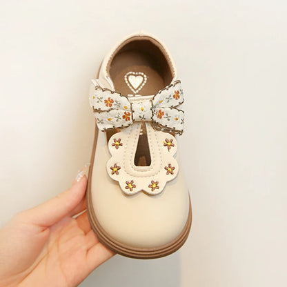 Girls Floral Bow T-Strap Shoes with Scalloped Flower Details and Round Toe, Black or Beige Dress Flats for School Outfits, Parties and Photos