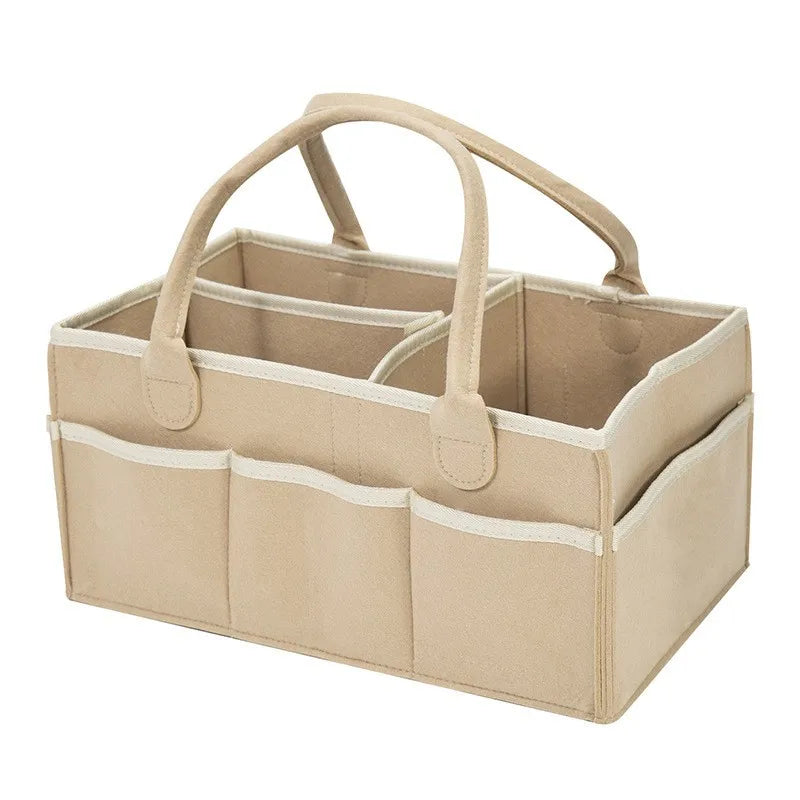 Felt Diaper Caddy with Carry Handles and Outer Pockets, Large-Capacity Baby Storage Organizer for Nursery Essentials, Diapers and Toys