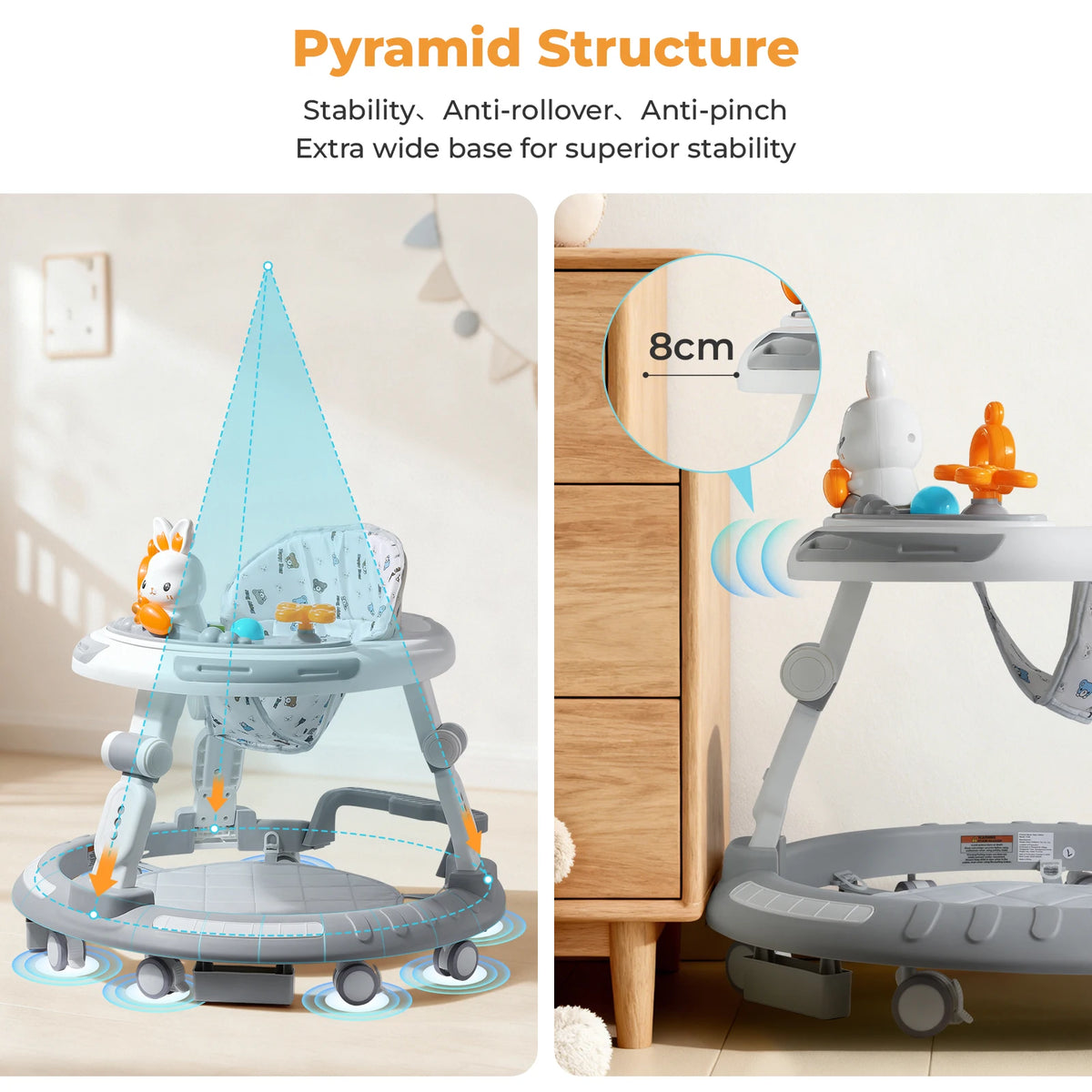 Baby Walker Activity Center in White, 4-in-1 Play Design with 3 Frame Height Settings, 5 Seat Adjustments and Wheeled Base for Indoor Use