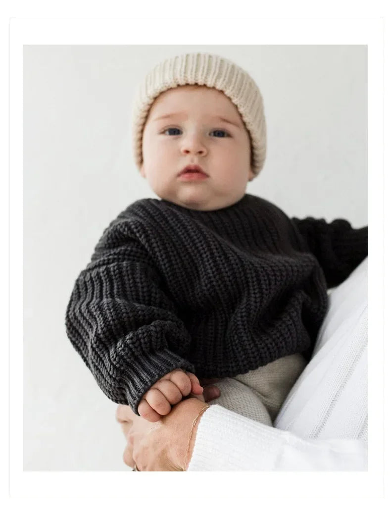 Cotton Crewneck Baby Sweater for Boys and Girls, Long Sleeve Ribbed Knit Pullover for Infants and Kids, Everyday Cool Weather Layering