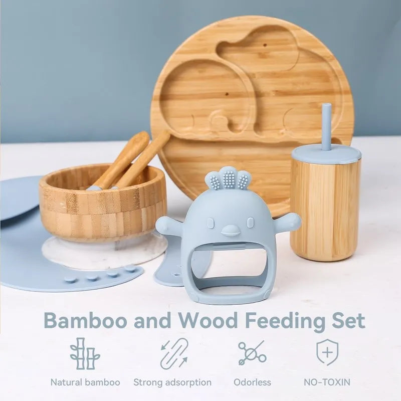 Bamboo Baby Tableware Set with Animal Plate Designs, Bowl, Cup and Wooden-Handle Utensil Options for Supervised Infant and Toddler Mealtimes