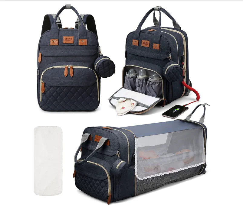 Diaper Backpack with USB Port and Fold-Out Changing Station, Type 1 and Type 3 Baby Essentials Bag with Organized Storage for Moms and Dads