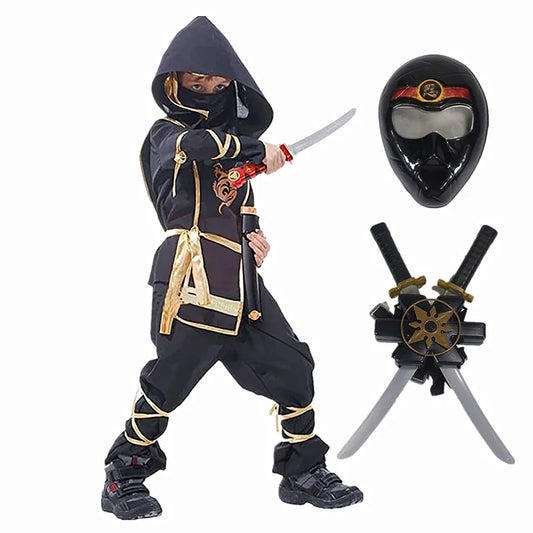 Hooded Ninja Costume for Kids with Black and Gold Pictured Styling, Mask and Toy Accessory Options for Halloween, School Plays and Pretend Play