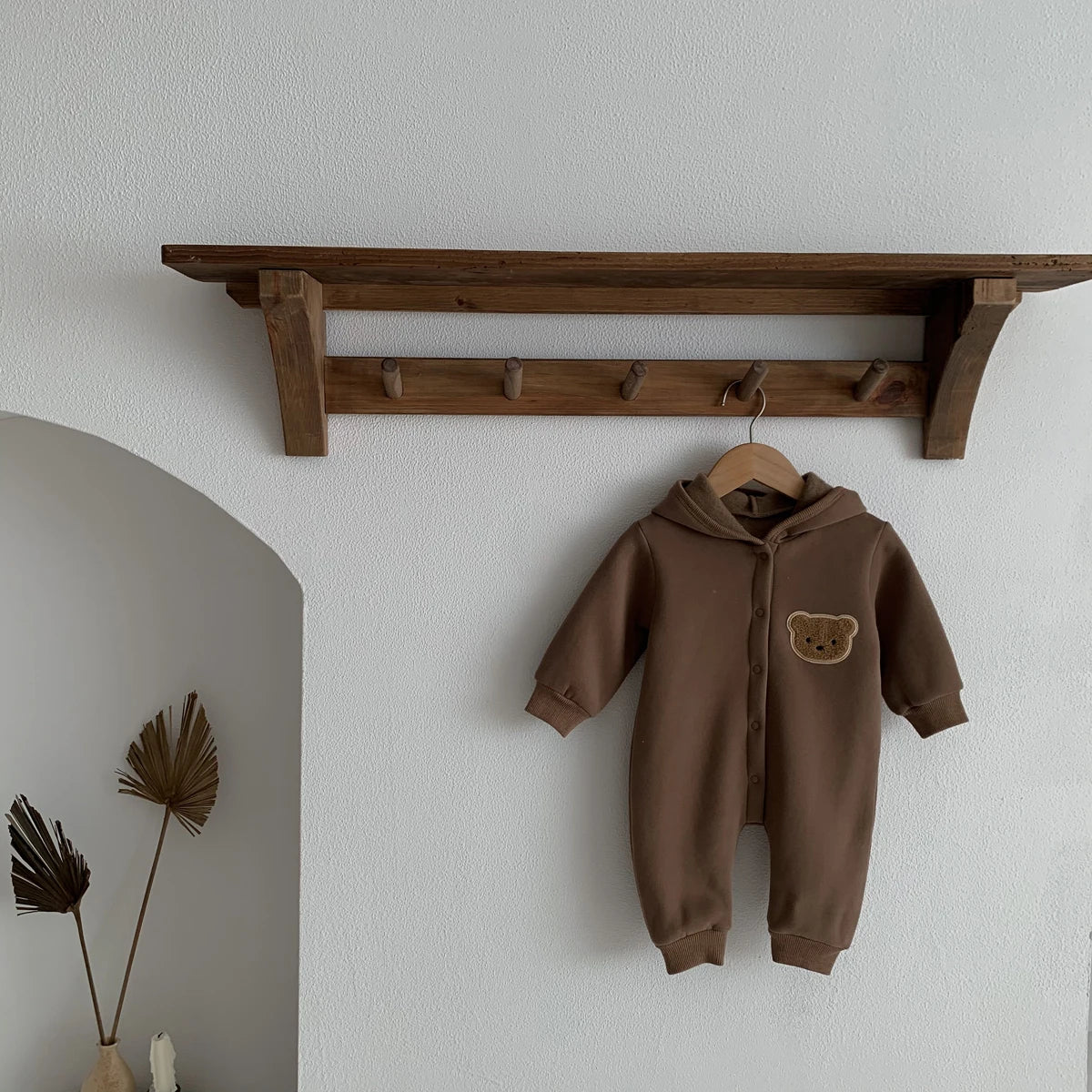 Baby Hooded Snap Front Jumpsuit with Bear Patch, Long Sleeve One-Piece Outfit in Coffee or Beige for Boys and Girls, Sizes 3M-18M